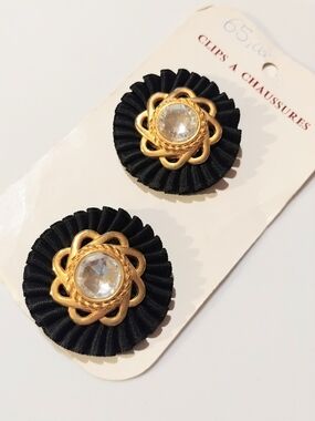 NOS Vintage 1950s French Boutique Satin & Rhinestone Rosette Shoe Clips